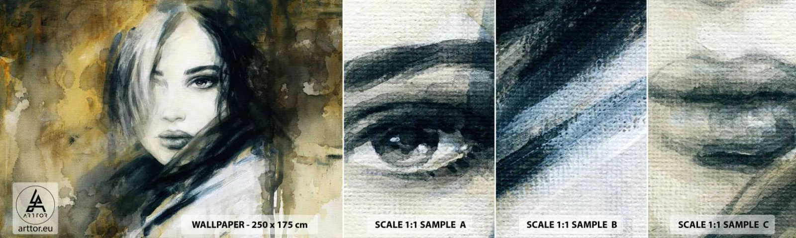 Fototapet Prov Standard Eco - Mera oskyldig eller sensuell? - Porträtt av en kvinna, Kvinnans ansikte, Grafik - 100x30 cm