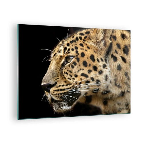 Glastavla - Bild på glas - Profil av en leopard på svart bakgrund - 70x50cm - Lugn, fokuserad, redo - Modern väggdekoration för vardagsrum och sovrum ARTTOR