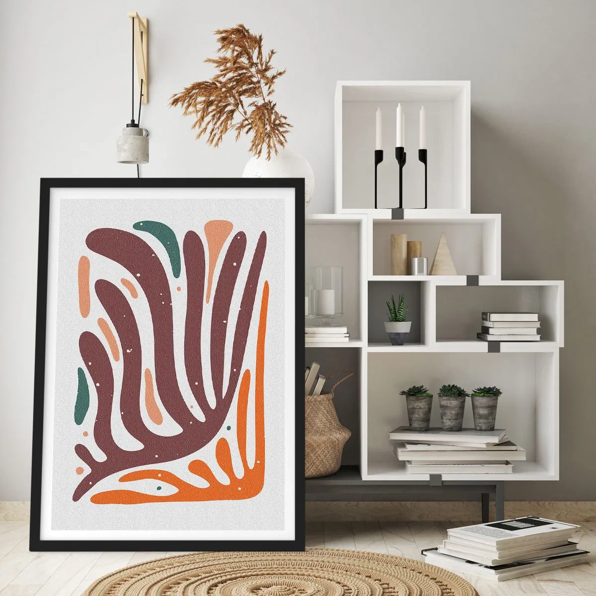 Affisch i svart ram - Organisk abstraktion i varma nyanser av brunt och orange - 50x70cm - Strålande organisk komposition - Modern väggdekoration för vardagsrum och sovrum ARTTOR