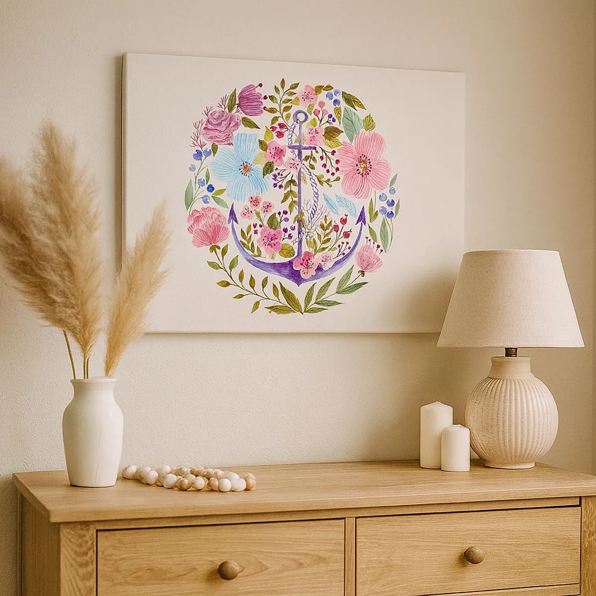 Canvastavla - Bild på duk - Ett ankare omgivet av akvarellblommor mot en ljus bakgrund - 70x50cm - En seglares goda sömn - Modern väggdekoration för vardagsrum och sovrum ARTTOR