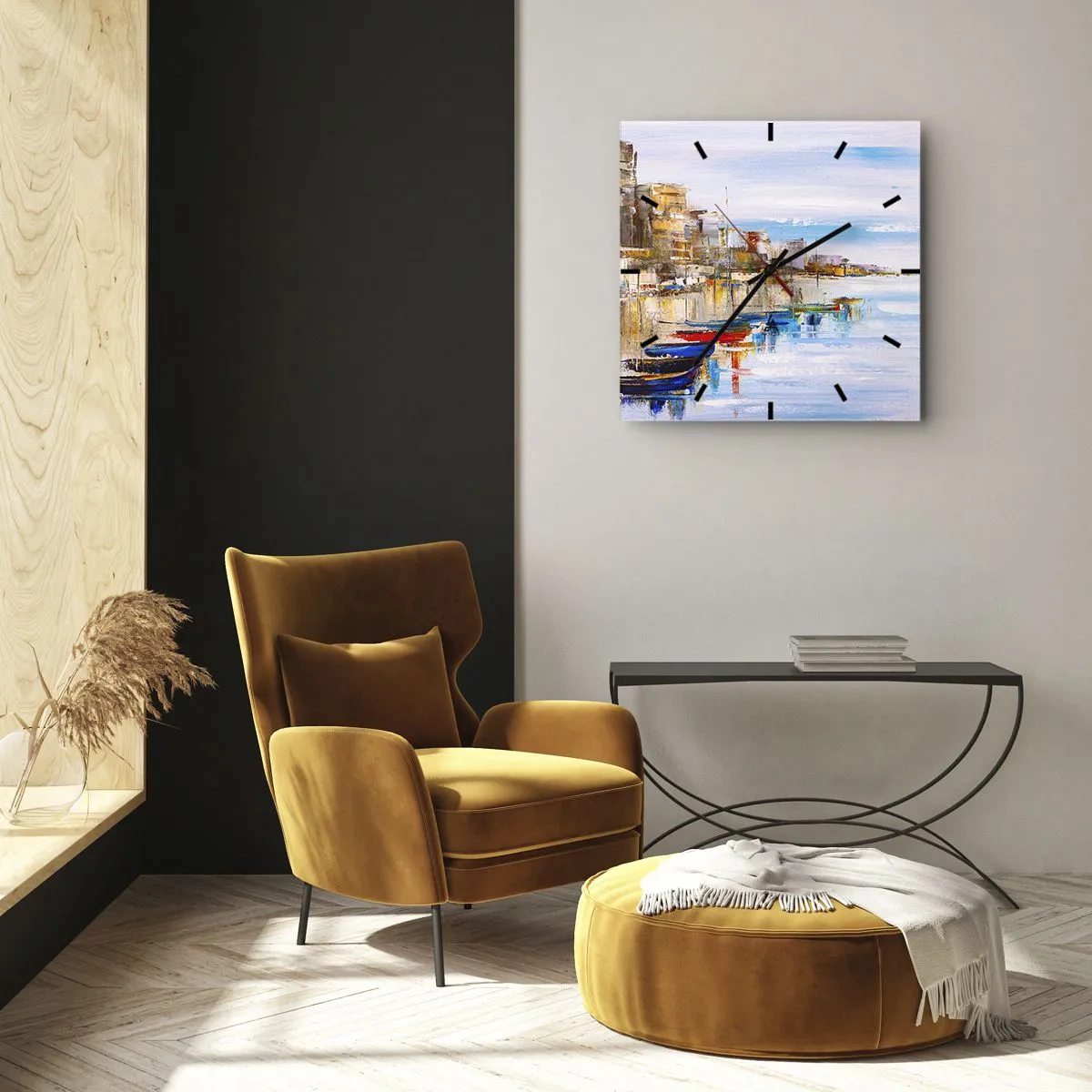Väggklocka - Klocka på glas - Flerfärgad urban hamn - 40x40 cm