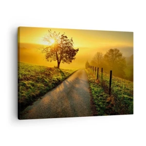 Canvastavla - Bild på duk - En pittoresk väg vid solnedgången med ett ensamt träd i bakgrunden - 70x50cm - Honungfärgad eftermiddag - Modern väggdekoration för vardagsrum och sovrum ARTTOR
