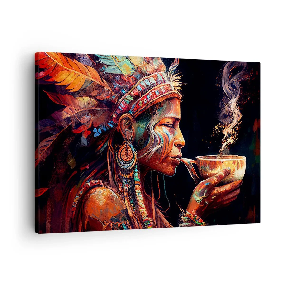 Canvastavla - Bild på duk - En färgglad figur i etnisk stil med en kopp ångande dryck - 70x50cm - En magisk ritual - Modern väggdekoration för vardagsrum och sovrum ARTTOR