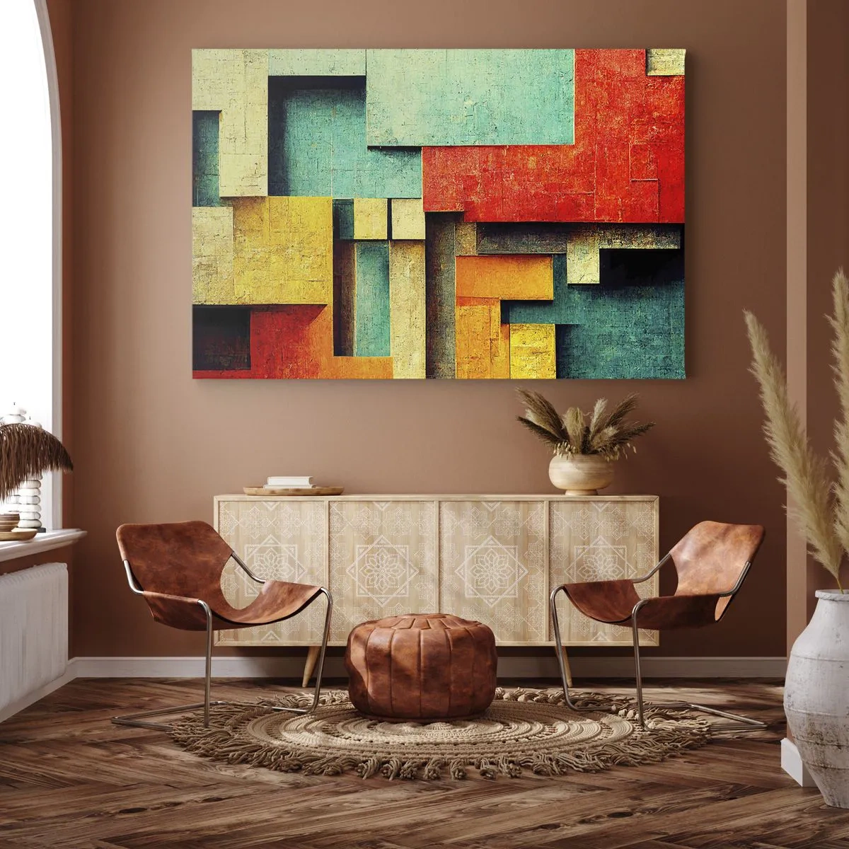 Canvastavla - Bild på duk - Abstrakta geometriska former i livfulla färger - 70x50cm - Festival av räta vinklar - Modern väggdekoration för vardagsrum och sovrum ARTTOR