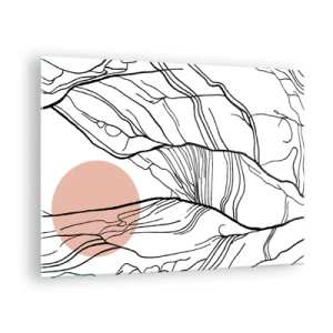 Glastavla - Bild på glas - Skuggiga grenlinjer med en beige sol - 70x50cm - I grenarnas nät - Modern väggdekoration för vardagsrum och sovrum ARTTOR