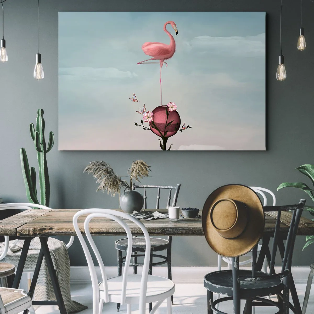 Canvastavla - Bild på duk - En rosa flamingo som balanserar på en blomboll - 70x50cm - Basketbollens allegori - Modern väggdekoration för vardagsrum och sovrum ARTTOR
