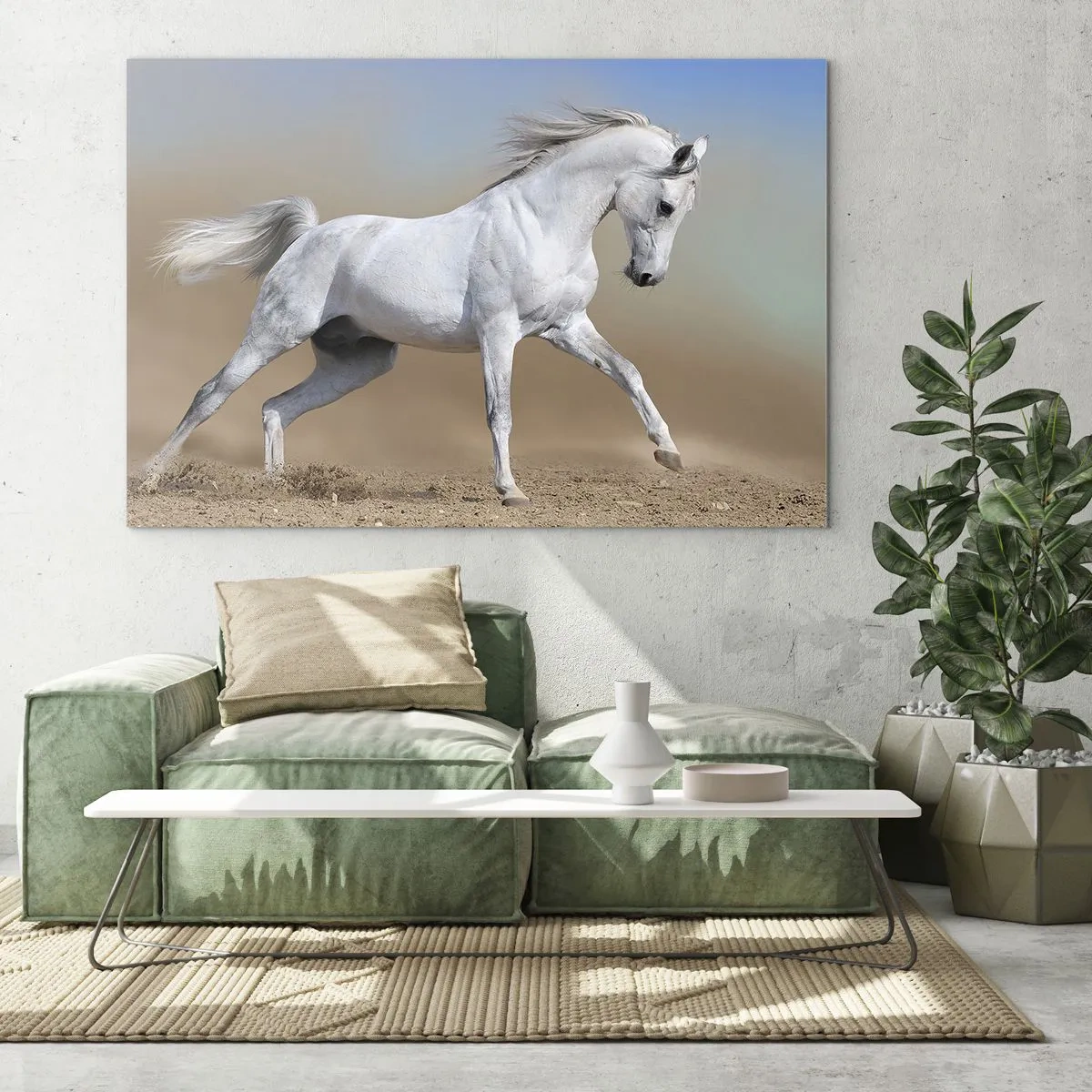 Glastavla - Bild på glas - En vit häst galopperar över sandmarken - 70x50cm - Den vackraste arabiska sagan - Modern väggdekoration för vardagsrum och sovrum ARTTOR