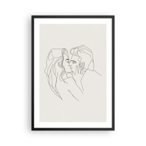 Affisch i svart ram - En minimalistisk teckning av ett förälskat par i fina linjer. - 50x70cm - I kärlekens famn - Modern väggdekoration för vardagsrum och sovrum ARTTOR