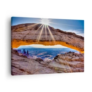 Canvastavla - Bild på duk - Klippbåge med utsikt över kanjonen vid soluppgången - 70x50cm - Genom bergsporten - Modern väggdekoration för vardagsrum och sovrum ARTTOR