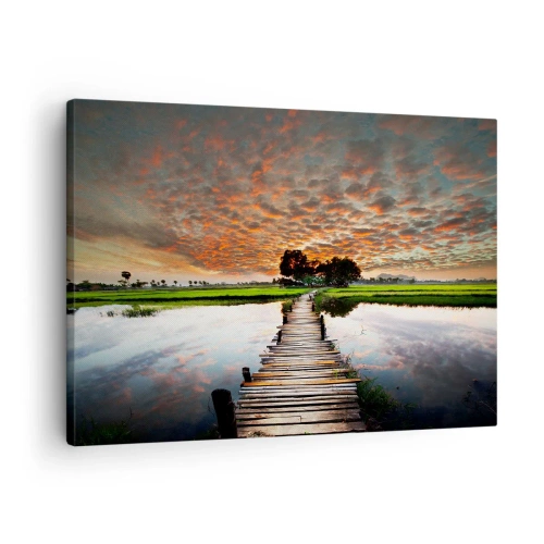 Canvastavla - Bild på duk - Träbro över vattnet vid solnedgången - 70x50cm - Fäll ut armarna - andas  - Modern väggdekoration för vardagsrum och sovrum ARTTOR