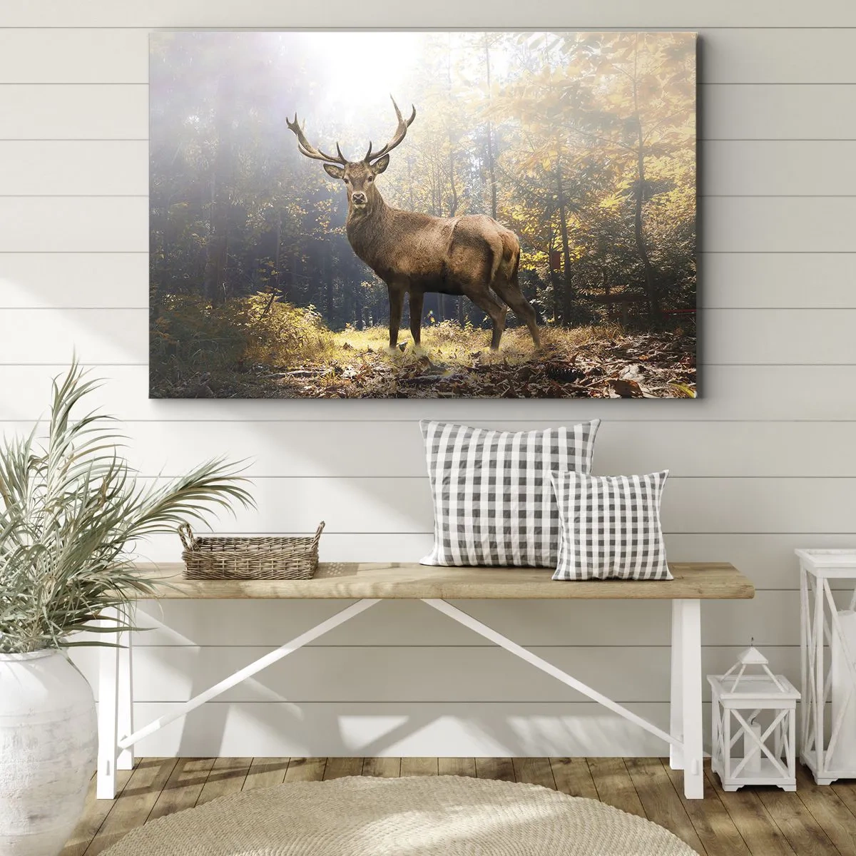 Canvastavla - Bild på duk - Hjort i höstskogen med solstrålar - 70x50cm - I fullt majestät - Modern väggdekoration för vardagsrum och sovrum ARTTOR