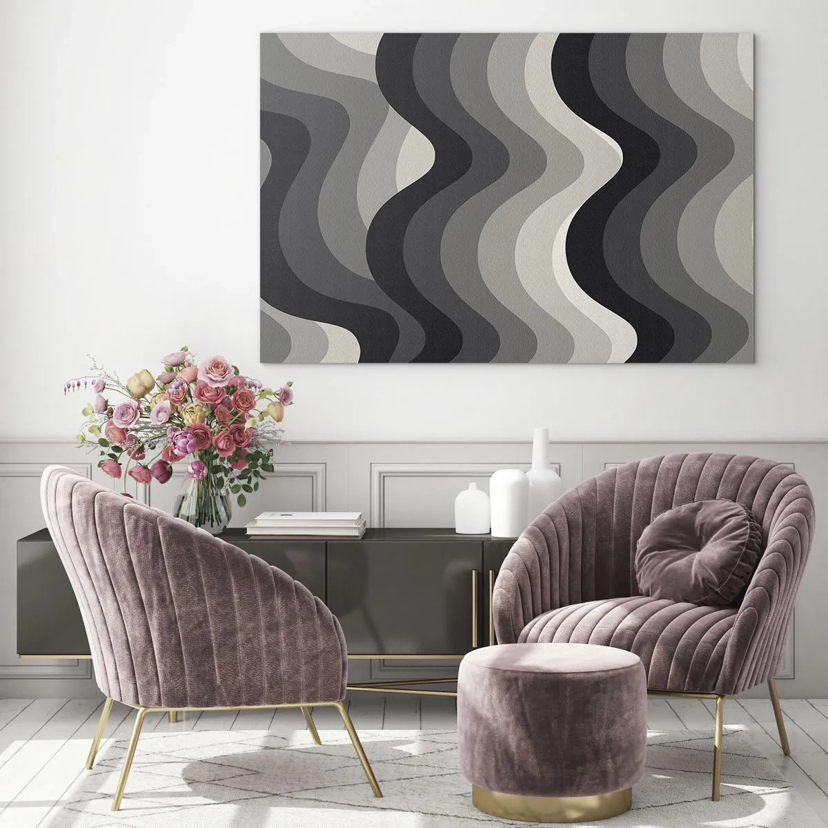 Glastavla - Bild på glas - Vågor i grå nyanser skapar ett rytmiskt, geometriskt mönster - 70x50cm - Våg efter våg - Modern väggdekoration för vardagsrum och sovrum ARTTOR