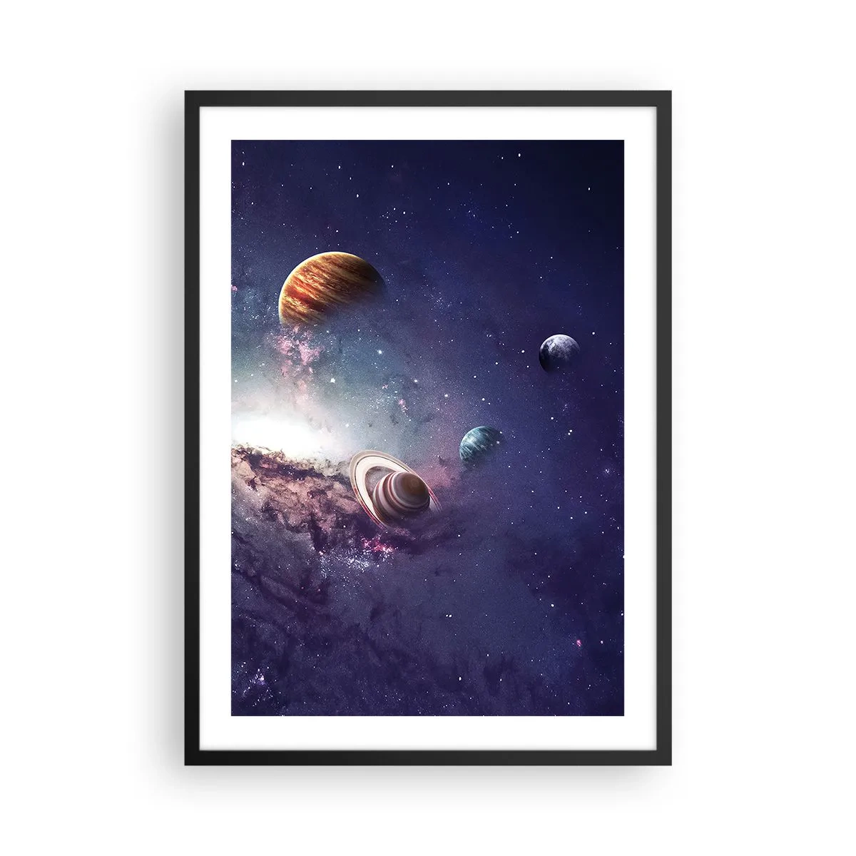 Affisch i svart ram - Ett färgstarkt arrangemang av planeter i en kosmisk miljö - 50x70cm - Sol- och danssystem - Modern väggdekoration för vardagsrum och sovrum ARTTOR