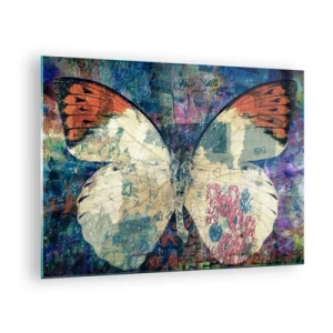 Glastavla - Bild på glas - En färgglad fjäril på en abstrakt bakgrund i nyanser av blått och orange. - 70x50cm - Subtil bräcklighet - Modern väggdekoration för vardagsrum och sovrum ARTTOR