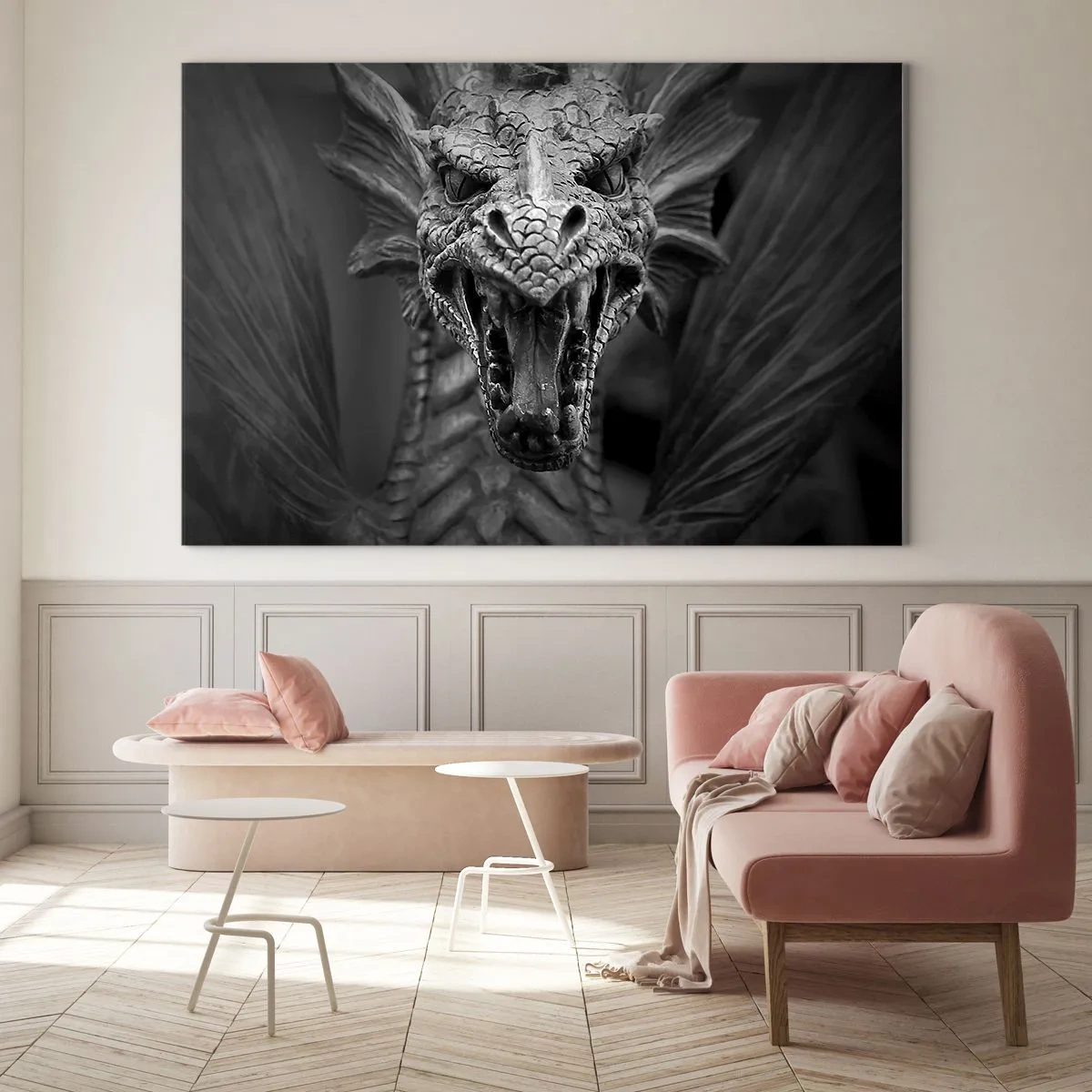 Glastavla - Bild på glas - En sagodrake i grånyans - 120x80 cm