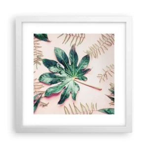 Affisch i vit ram - Grönskans studie mot rosa bakgrund - 30x30 cm
