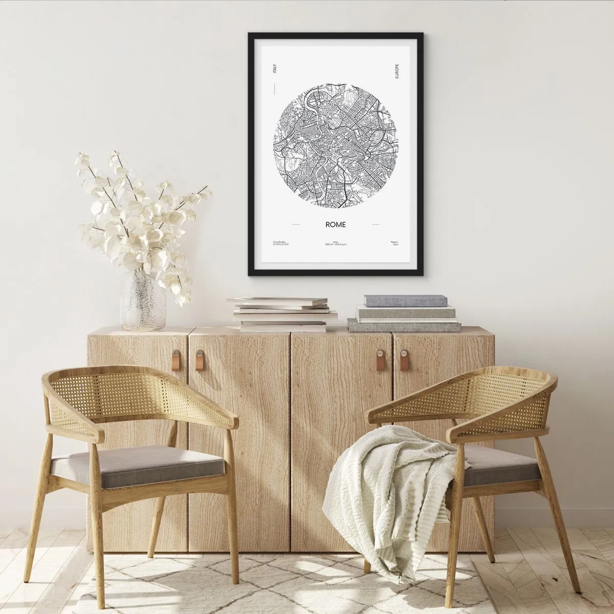 Affisch i svart ram - En minimalistisk karta över Rom i svartvitt. - 50x70cm - Roms anatomi - Modern väggdekoration för vardagsrum och sovrum ARTTOR
