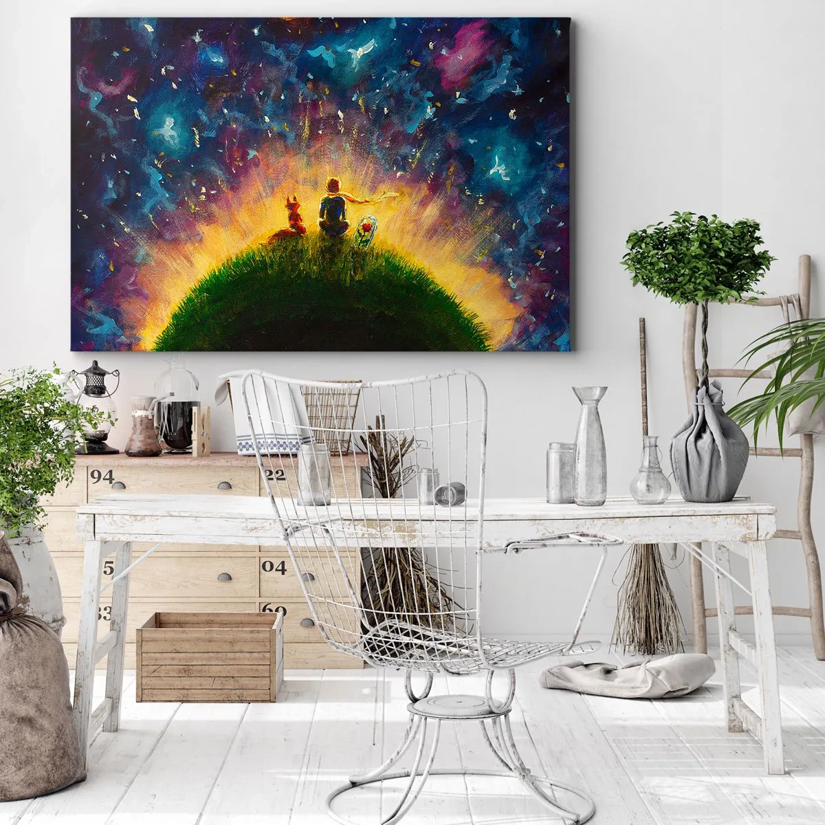 Canvastavla - Bild på duk - Figurer på en grön kulle omgiven av en stjärnklar himmel - 70x50cm - Kärlek och vänskap - hela världen - Modern väggdekoration för vardagsrum och sovrum ARTTOR