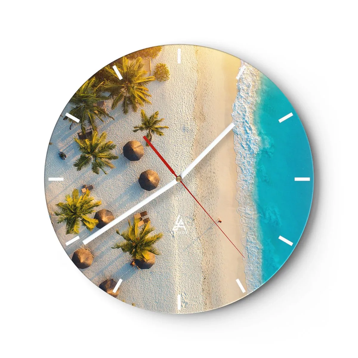Väggklocka - Klocka på glas - Ovanifrån utsikt över stranden med palmer och turkost hav - 30x30cm - Välkommen till paradiset - Modern väggdekoration för vardagsrum, kök och sovrum ARTTOR