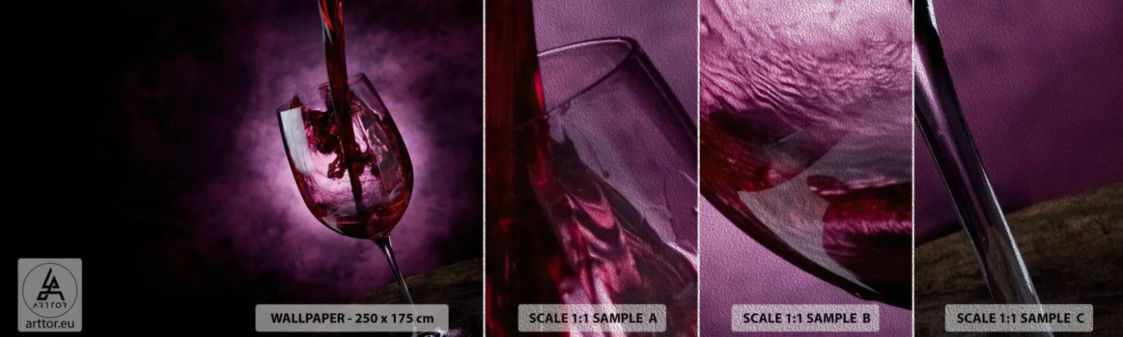 Provbit av fototapet Premium Sand - Scharlakansröd? Karmin? Nej, rubin - Glas, rödvin, Bit - 100x30 cm