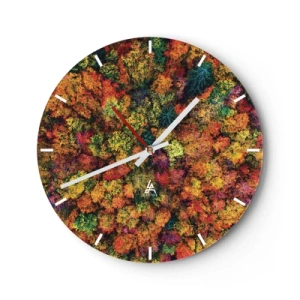Väggklocka - Klocka på glas - En höstskog sedd från ett fågelperspektiv i intensiva färger - 30x30cm - Höstträdens bukett - Modern väggdekoration för vardagsrum, kök och sovrum ARTTOR