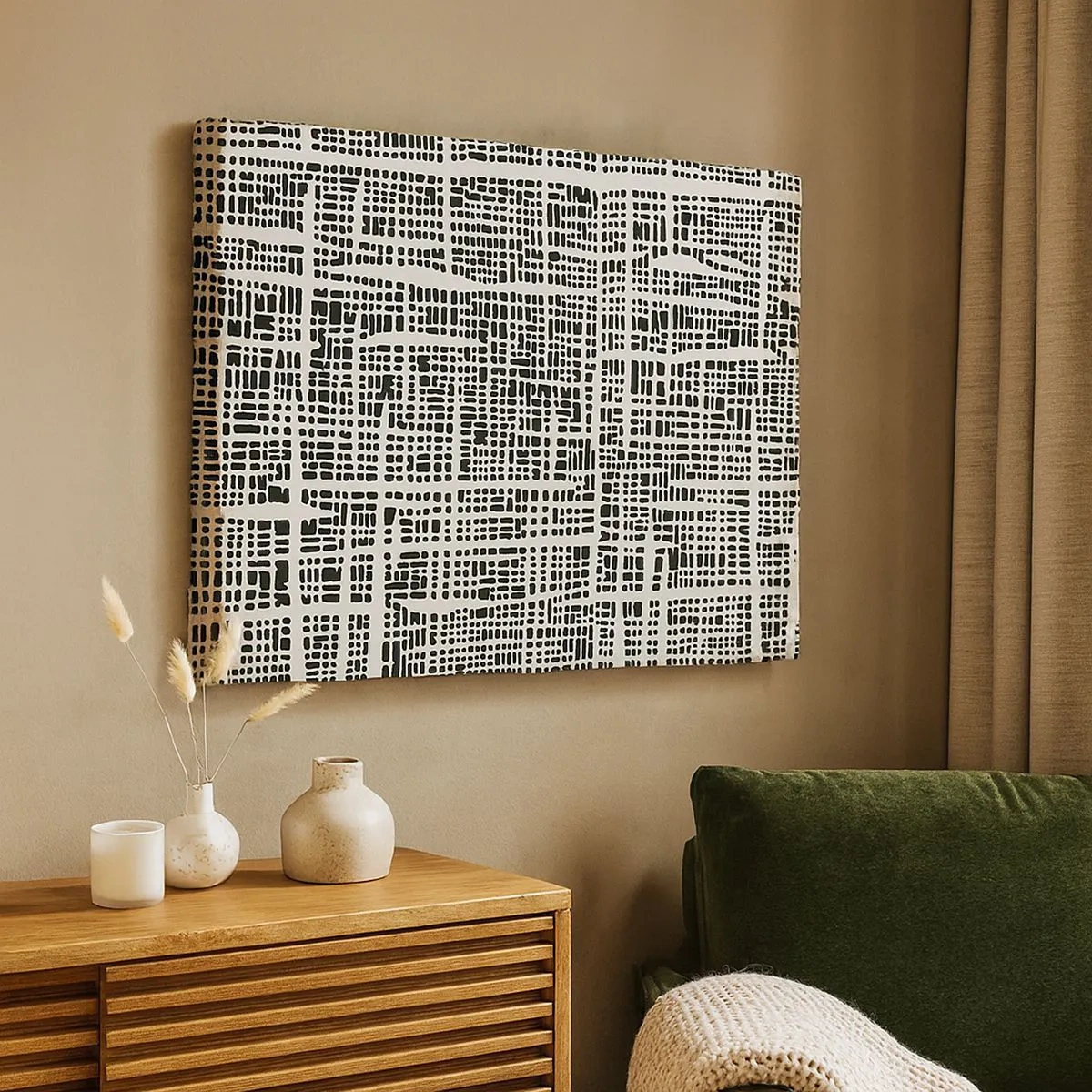 Canvastavla - Bild på duk - Ett geometriskt mönster som liknar ett rutnät mot en ljus bakgrund - 70x50cm - Vävd komposition - Modern väggdekoration för vardagsrum och sovrum ARTTOR