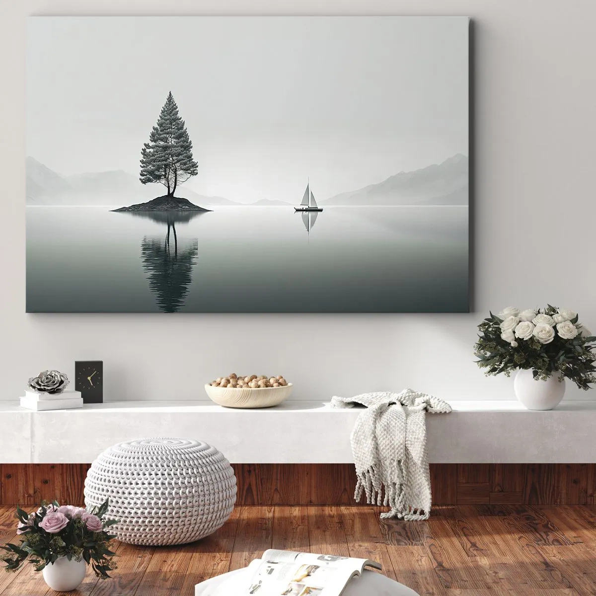 Canvastavla - Bild på duk - Ett minimalistiskt landskap med ett träd på en ö och en segelbåt. - 70x50cm - En dröm - Modern väggdekoration för vardagsrum och sovrum ARTTOR