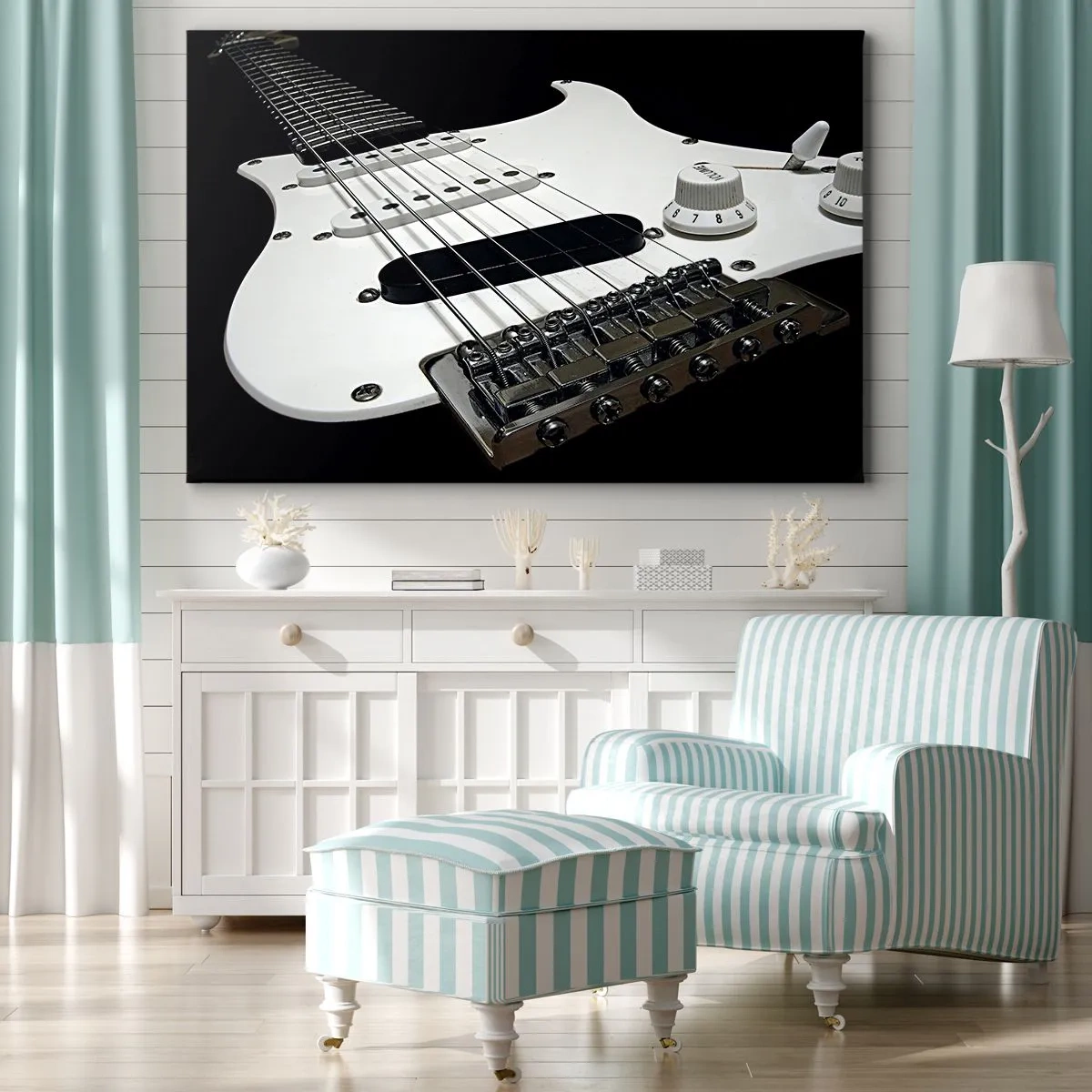 Canvastavla - Bild på duk - Närbild av en vit elgitarr mot svart bakgrund. - 70x50cm - Ljud gömt i vitt - Modern väggdekoration för vardagsrum och sovrum ARTTOR