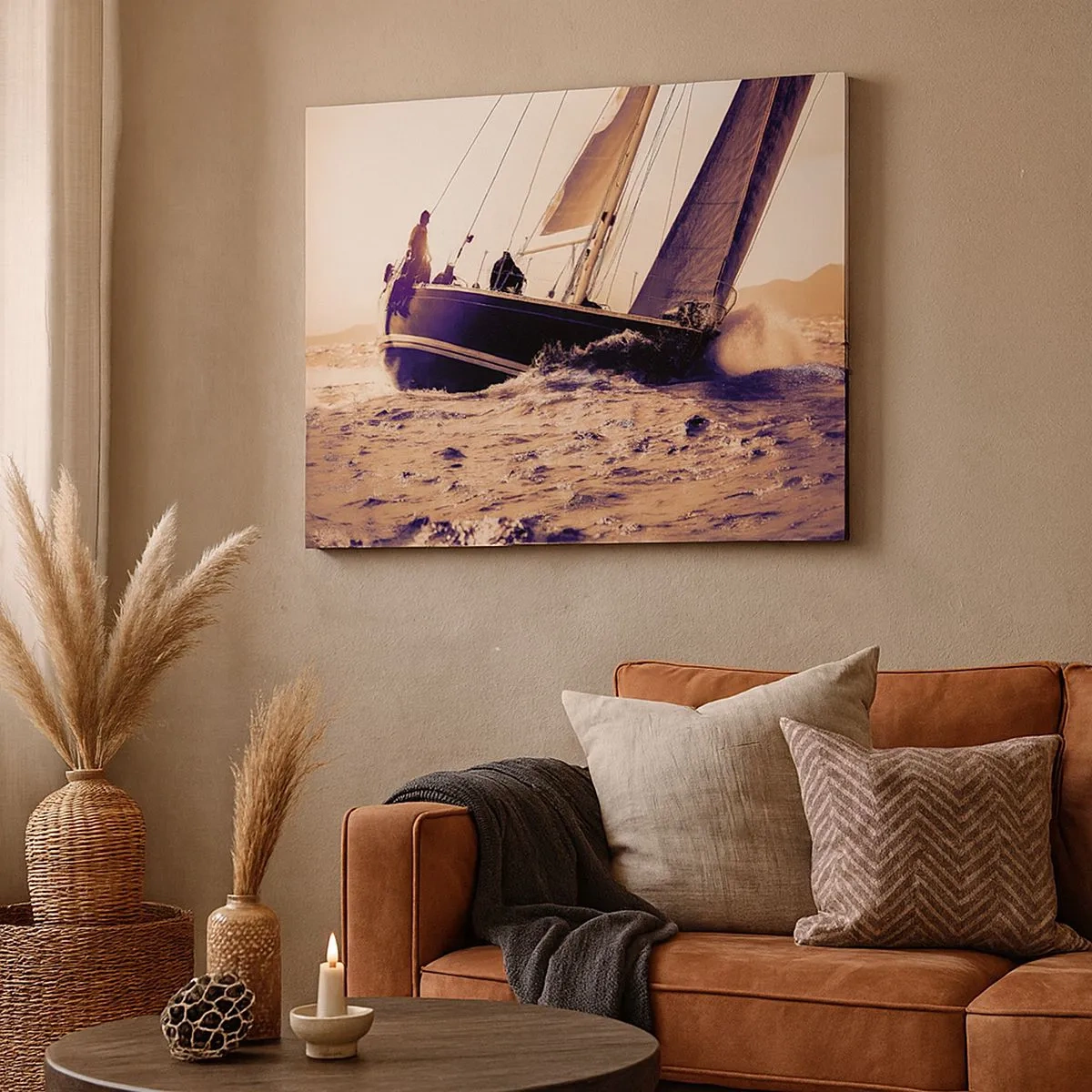 Canvastavla - Bild på duk - En yacht på ett stormigt hav i ljuset av den nedgående solen - 70x50cm - Segla seglaren - Modern väggdekoration för vardagsrum och sovrum ARTTOR