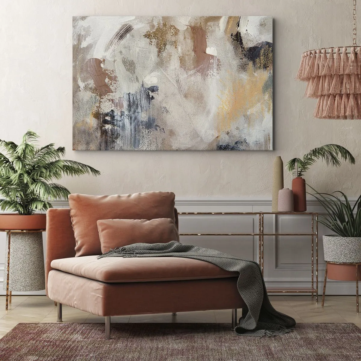 Canvastavla - Bild på duk - Abstrakta fläckar i dämpade nyanser av beige och guld - 70x50cm - Dimmig abstraktion - Modern väggdekoration för vardagsrum och sovrum ARTTOR