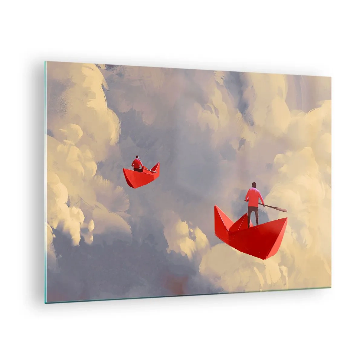 Glastavla - Bild på glas - Två personer i röda båtar mot en molnig himmel - 70x50cm - Drömmarnas utflykt - Modern väggdekoration för vardagsrum och sovrum ARTTOR