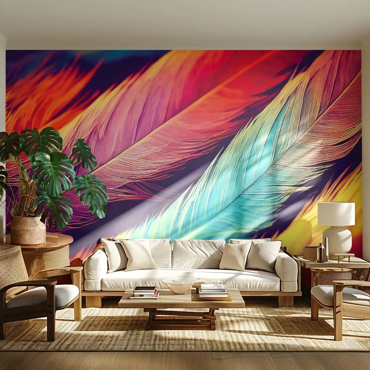 Fototapet Premium Canvas - Fjäderlik regnbåge - Fjädrar, Ljus, Färgrik - 400x280 cm
