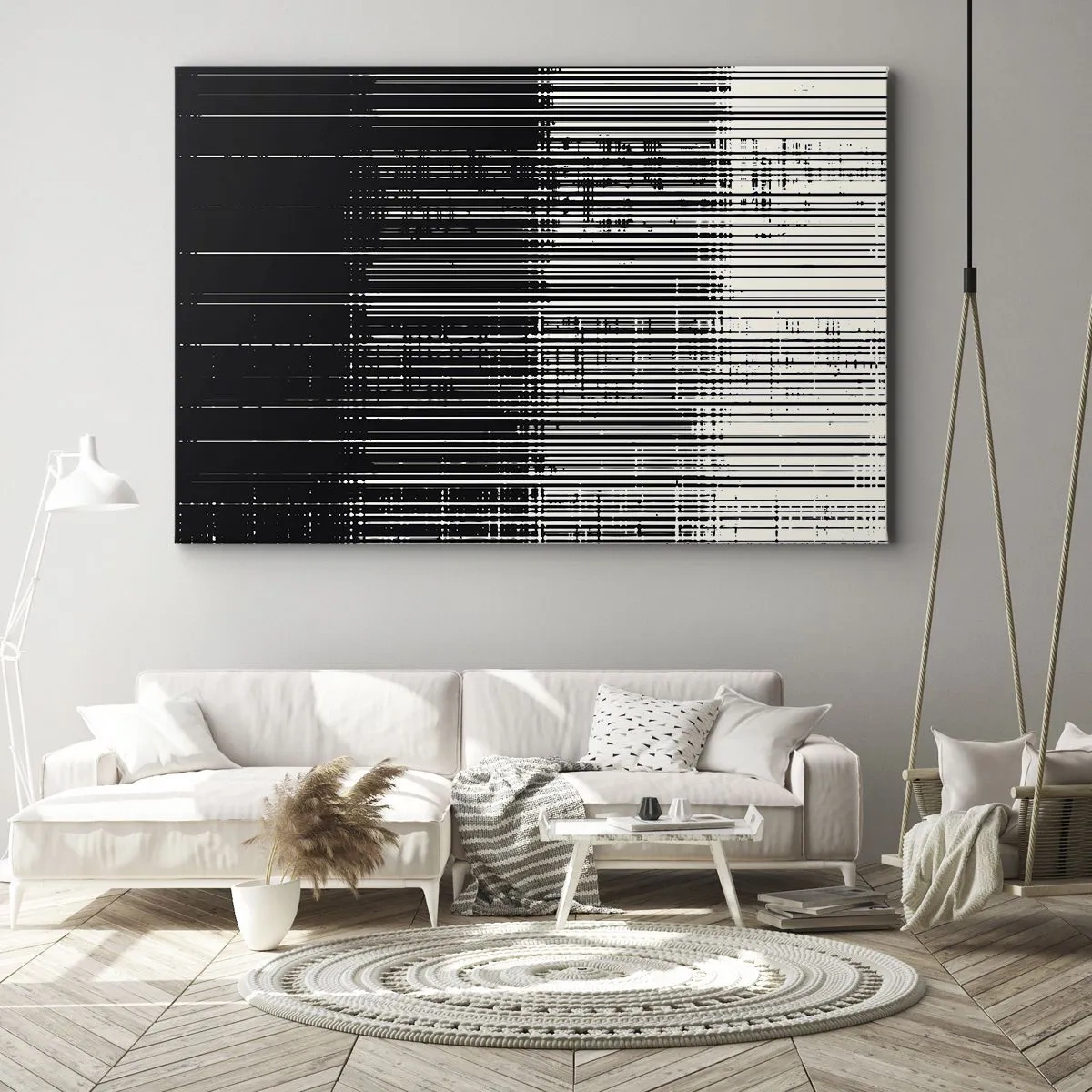 Canvastavla - Bild på duk - Abstrakt komposition av linjer i kontrasterande svartvitt - 70x50cm - Vågor och vibrationer - Modern väggdekoration för vardagsrum och sovrum ARTTOR