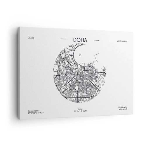 Canvastavla - Bild på duk - En minimalistisk karta över Doha i svartvitt med exakta detaljer. - 70x50cm - Dohas anatomi - Modern väggdekoration för vardagsrum och sovrum ARTTOR