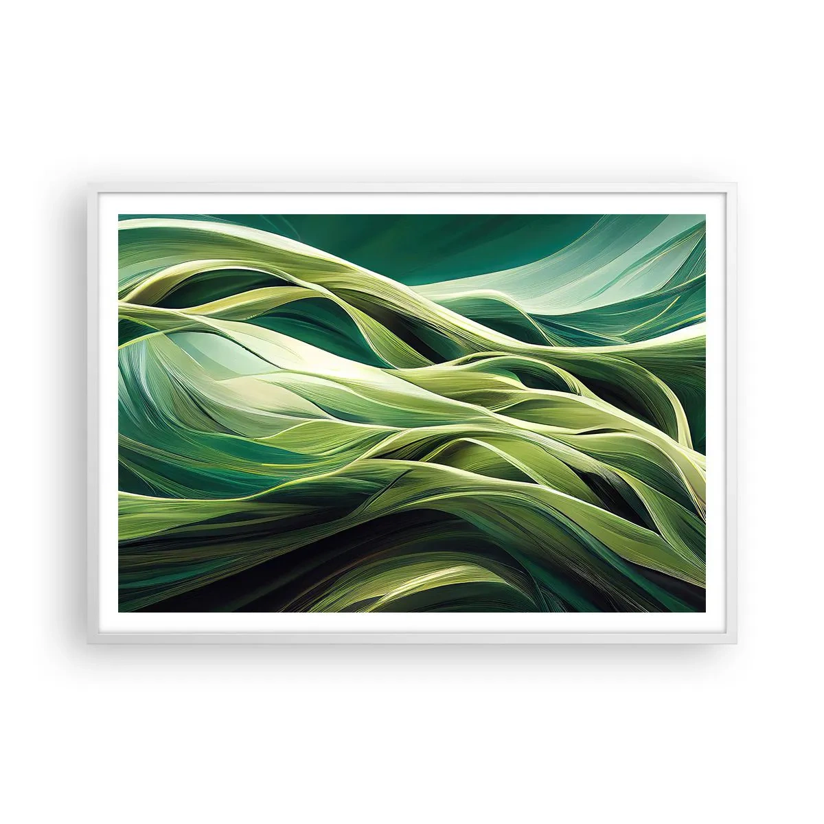Affisch i vit ram - Ett abstrakt spel med grönt - 100x70 cm