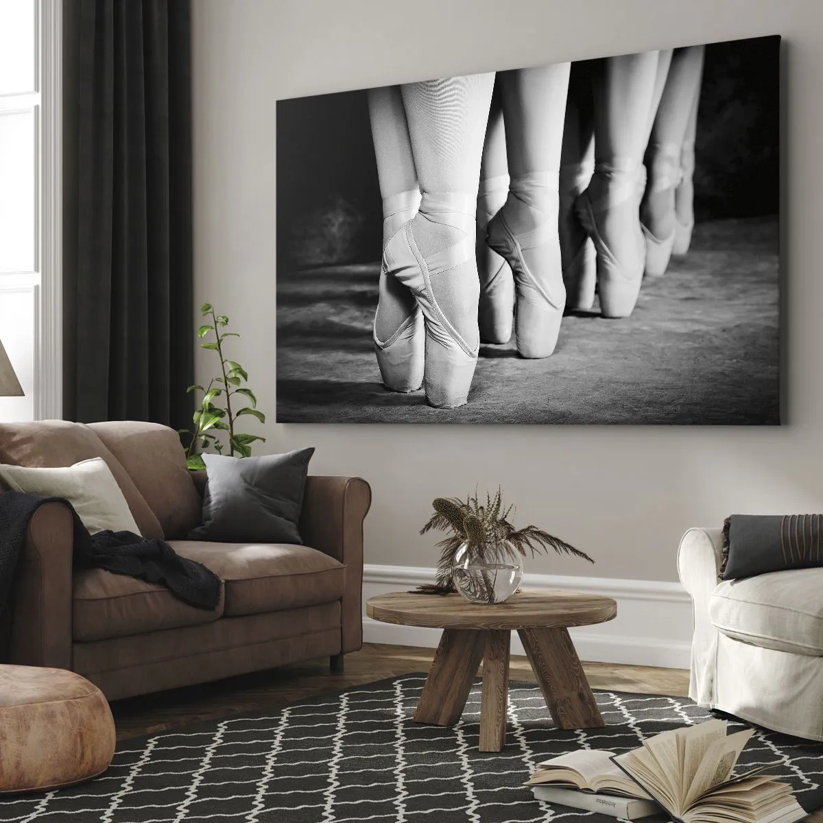 Canvastavla - Bild på duk - Svartvit bild av dansares balettskor - 70x50cm - Tillsammans, lätt - Modern väggdekoration för vardagsrum och sovrum ARTTOR