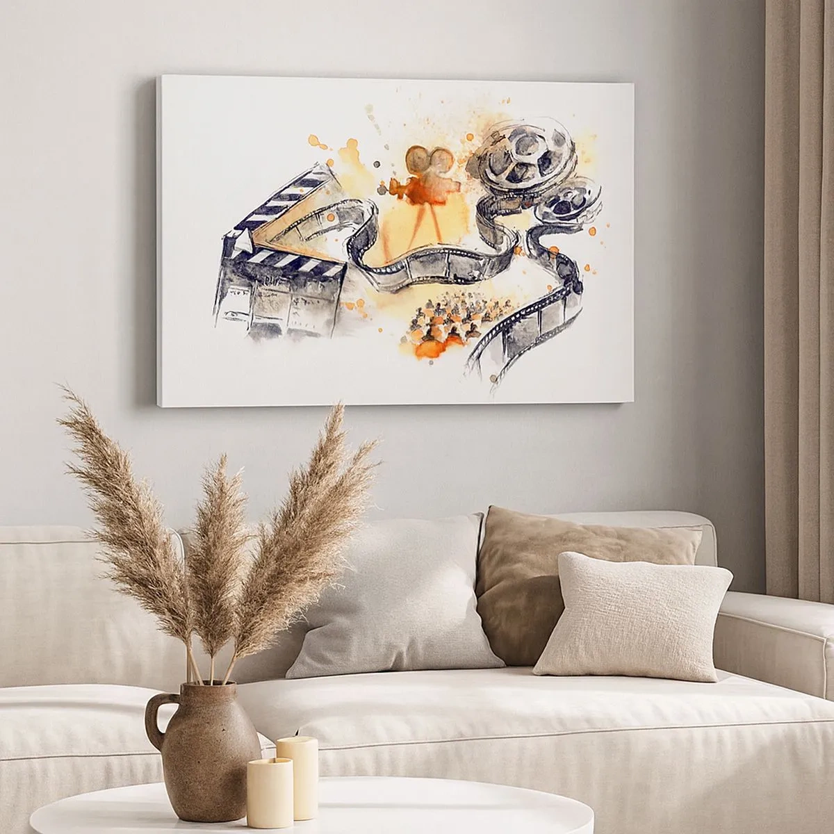 Canvastavla - Bild på duk - Filmens symbolik med en filmremsa i en konstnärlig akvarell - 70x50cm - I drömmarnas land - Modern väggdekoration för vardagsrum och sovrum ARTTOR