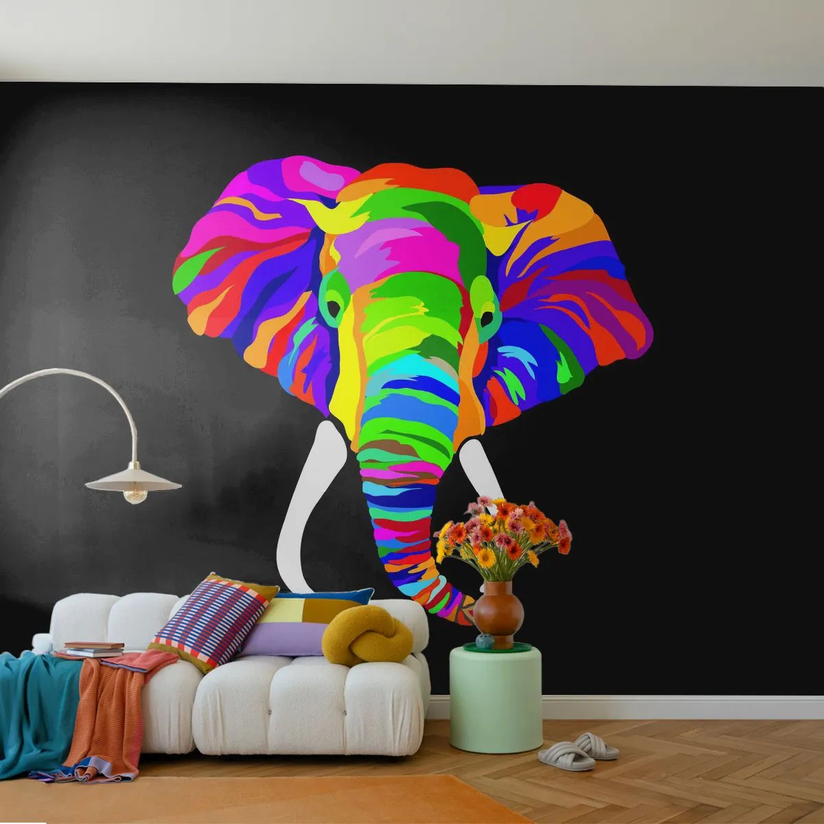 Fototapet Standard Eco - Färgglad elefant på en svart bakgrund i popkonststil - 100x70cm - Elefanten som älskade bada i regnbågen - Modern väggdekoration för vardagsrum och sovrum ARTTOR