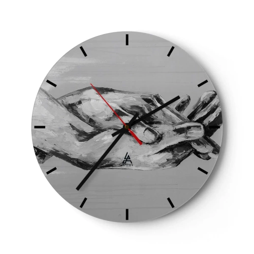 Väggklocka - Klocka på glas - Symboliska händer i grå nyanser fångade i en konstnärlig stil - 30x30cm - Början... - Modern väggdekoration för vardagsrum, kök och sovrum ARTTOR