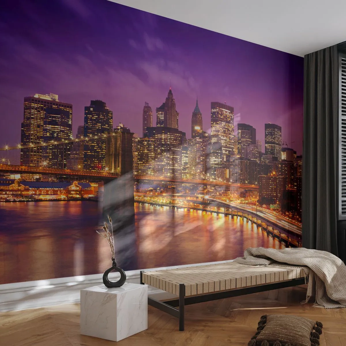 Fototapet Standard Eco - Manhattan i violett och guld - Stad, New York, Arkitektur - 250x175 cm