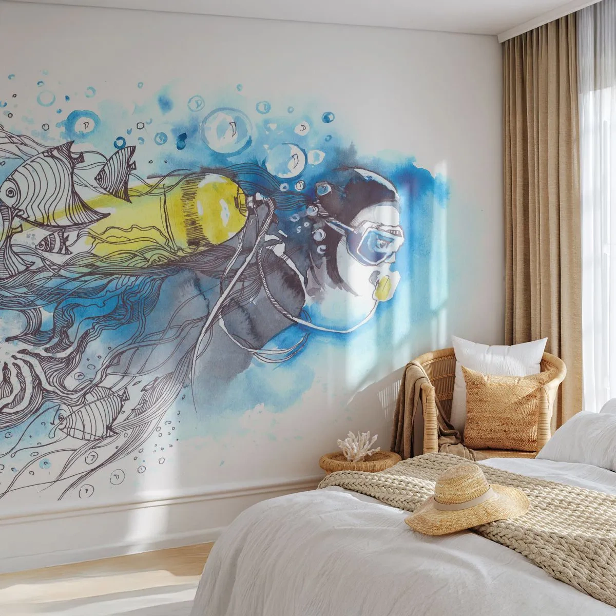 Självhäftande Fototapet Deluxe Sticker - Det stora blåa - Dykning, Fisk, Sport - 150x105 cm