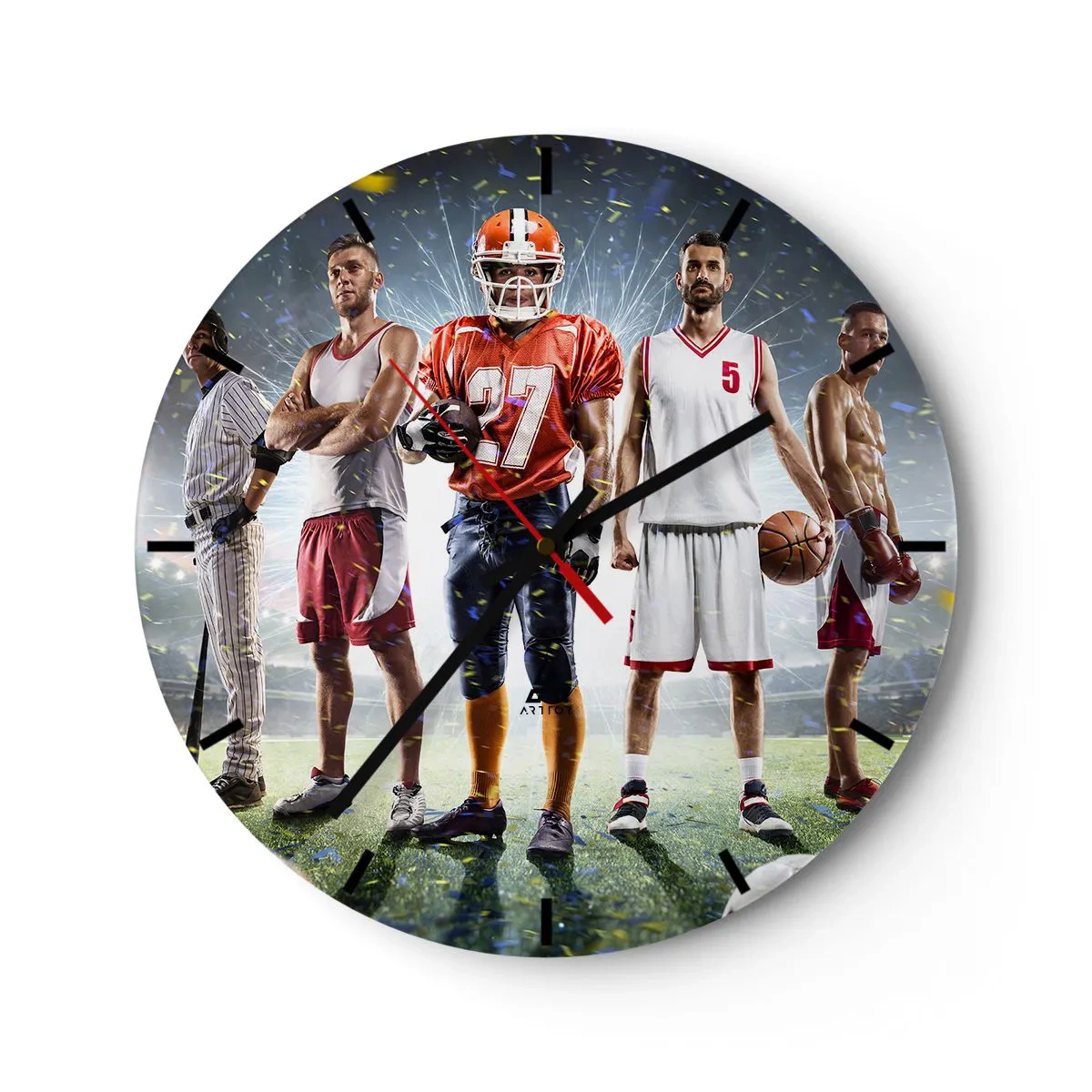Väggklocka - Klocka på glas - En grupp idrottare mot bakgrund av en stadion upplyst av strålkastare - 30x30cm - Arenornas gladiatorer - Modern väggdekoration för vardagsrum, kök och sovrum ARTTOR