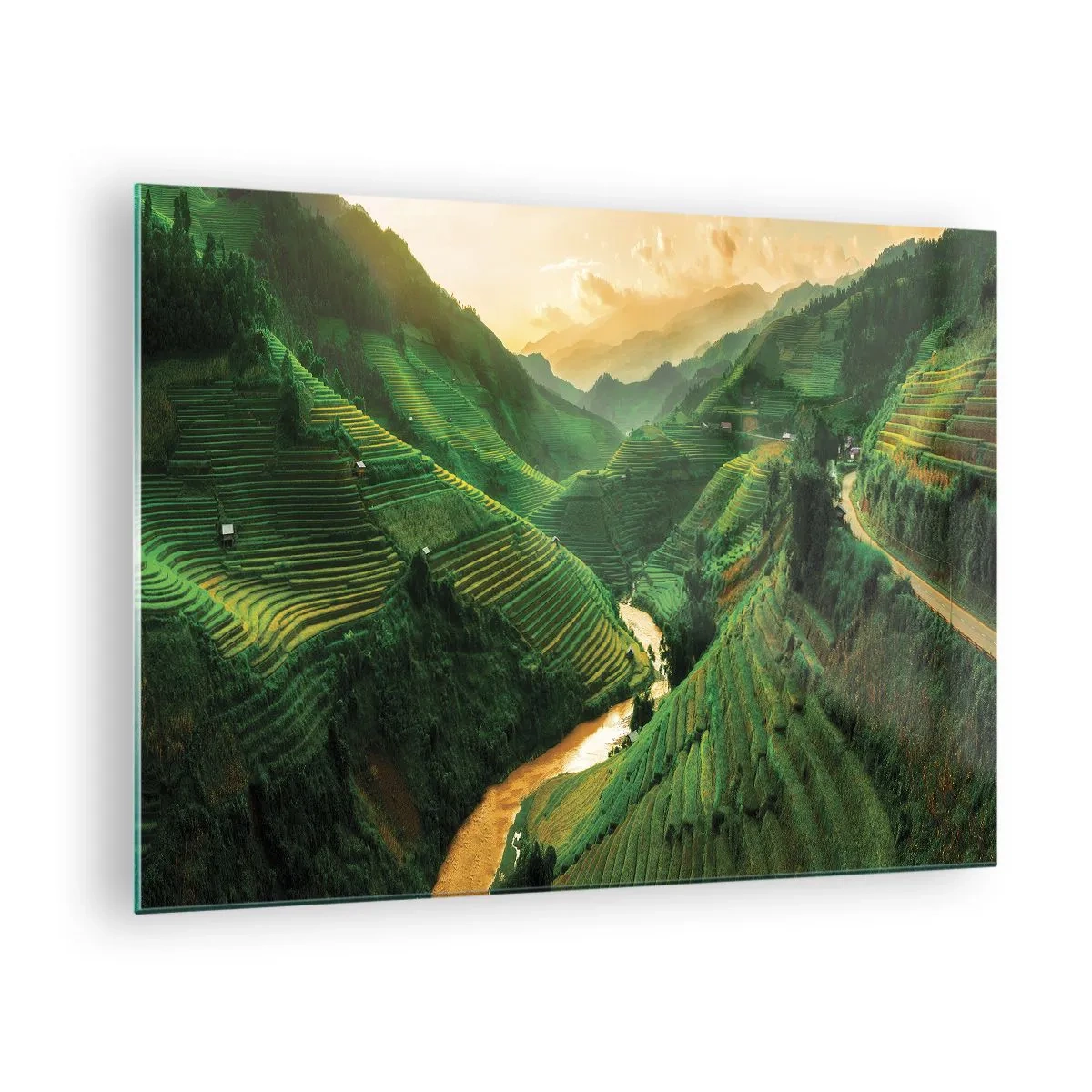 Glastavla - Bild på glas - Pittoreska risterrasser i dalen vid solnedgången - 70x50cm - Vietnamesisk dal - Modern väggdekoration för vardagsrum och sovrum ARTTOR