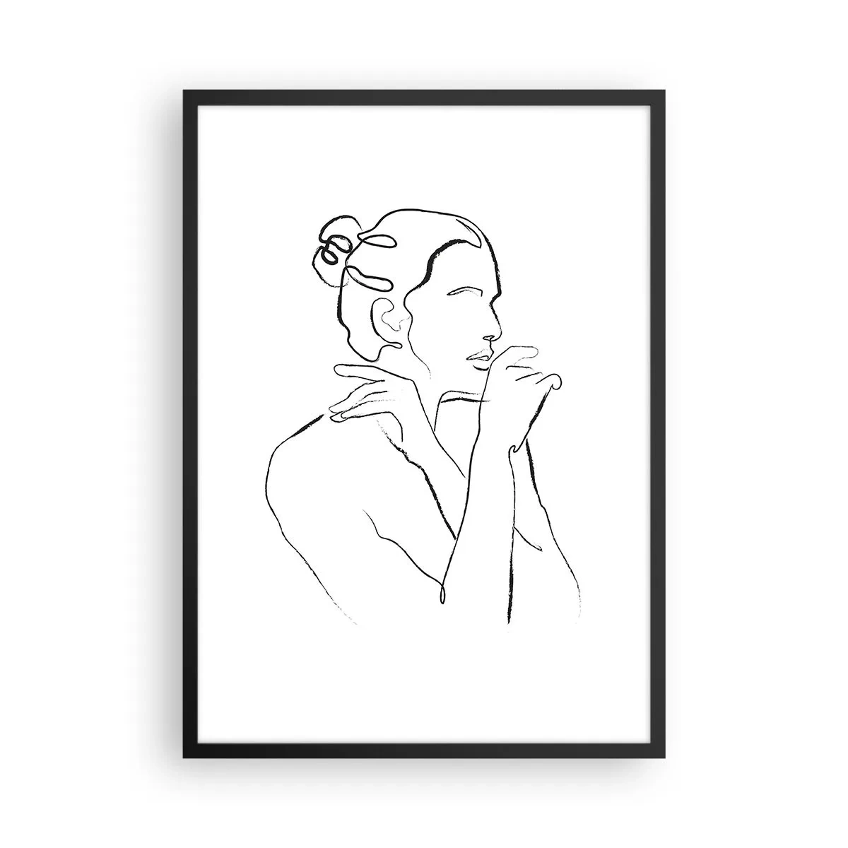 Affisch i svart ram - Minimalistisk linje av en kvinnlig silhuett på en vit bakgrund - 50x70cm - Akten: ett sensuellt mysterium - Modern väggdekoration för vardagsrum och sovrum ARTTOR