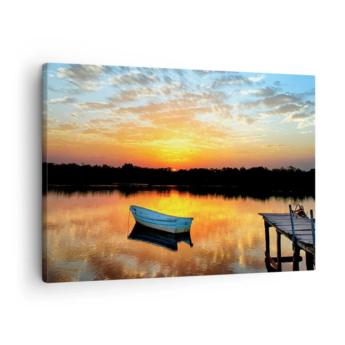 Canvastavla - Bild på duk - En båt på en lugn sjö under solnedgången - 70x50cm - Titta, lyssna, fundera - Modern väggdekoration för vardagsrum och sovrum ARTTOR