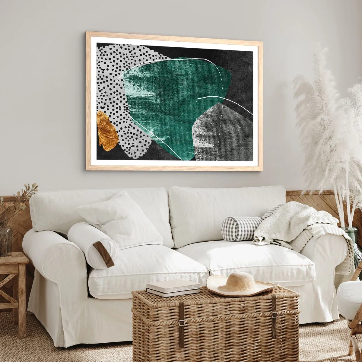 Affisch i ram av ljusek - Färgstark abstraktion med en guldflinga - 50x40 cm