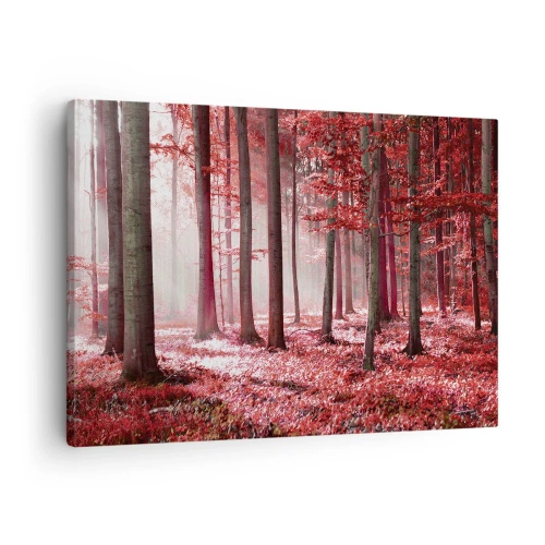 Canvastavla - Bild på duk - En fantastisk skog i röda nyanser med ljusstrålar som tränger igenom träden - 70x50cm - Röd är lika vacker - Modern väggdekoration för vardagsrum och sovrum ARTTOR