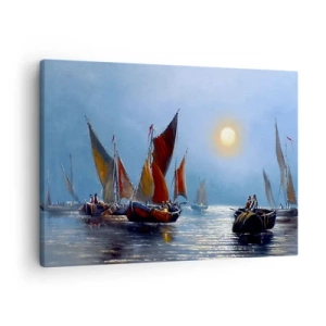 Canvastavla - Bild på duk - Båtar med segel på lugnt vatten vid solnedgången - 70x50cm - Nattens fångst - Modern väggdekoration för vardagsrum och sovrum ARTTOR