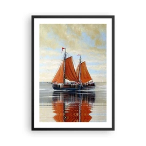 Affisch i svart ram - Segelbåtar på lugnt vatten med röda segel - 50x70cm - Hej, segla seglaren… - Modern väggdekoration för vardagsrum och sovrum ARTTOR
