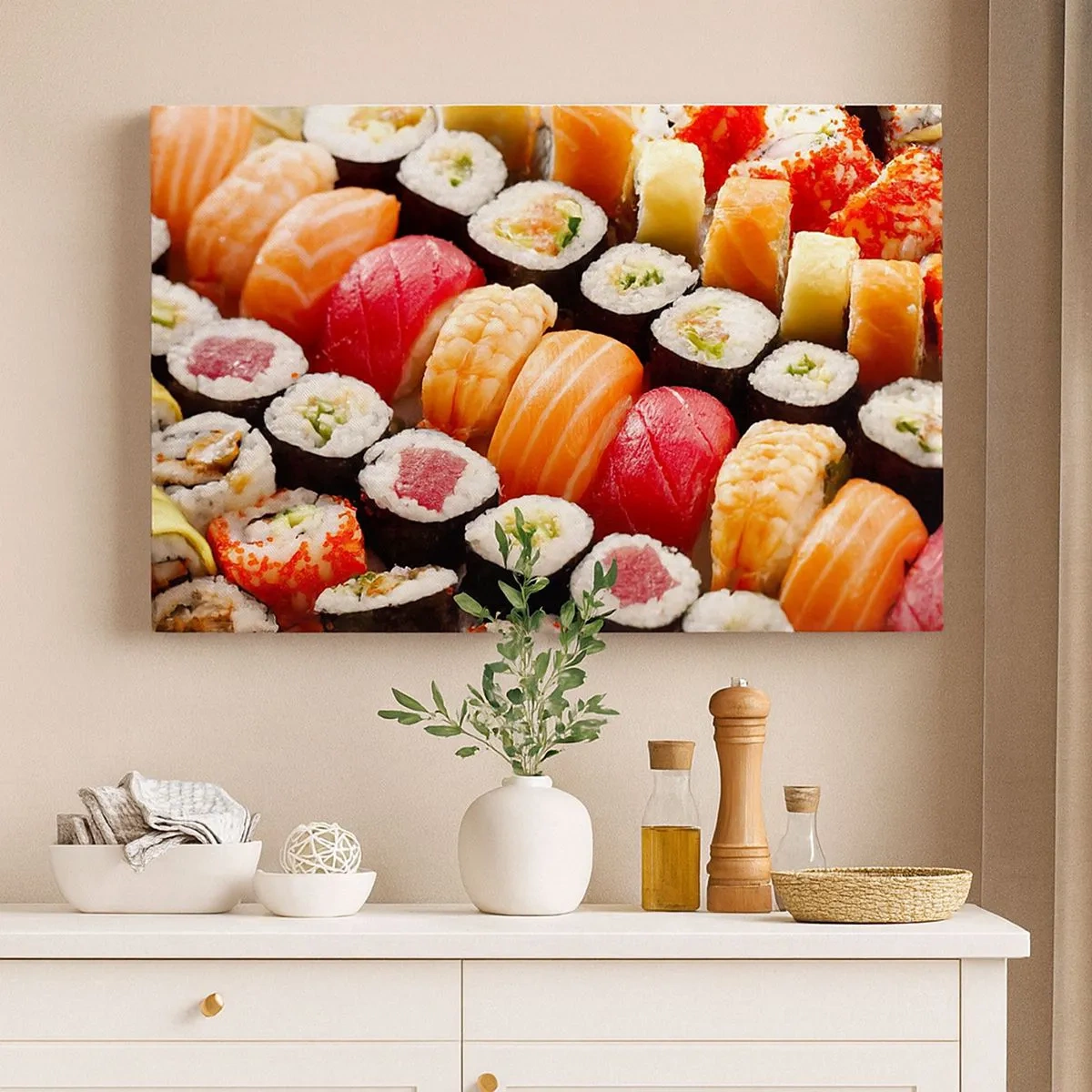 Canvastavla - Bild på duk - Färgglad sushi arrangerad i rader med olika pålägg - 70x50cm - Asiens färger och smaker - Modern väggdekoration för vardagsrum och sovrum ARTTOR